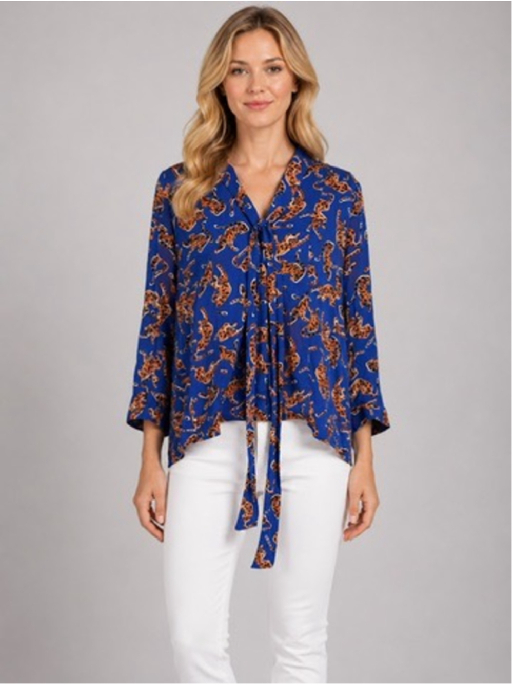 Anthropologie Colloquial Blue Animal Print Blouse Boho Tie-Front Shirt Size 4